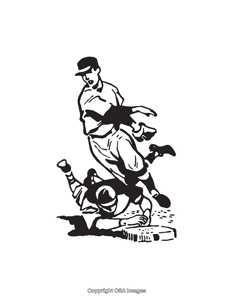 Black and White Line Art of Exciting Baseball Base Slide Action