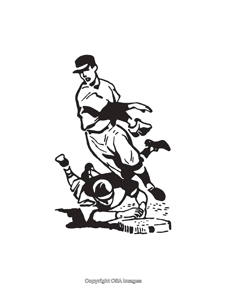 Black and White Line Art of Exciting Baseball Base Slide Action