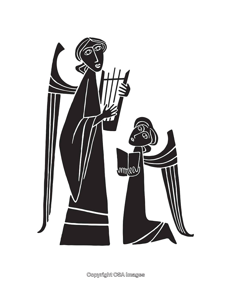Black and White Line Art of Two Angelic Figures with Musical Themes