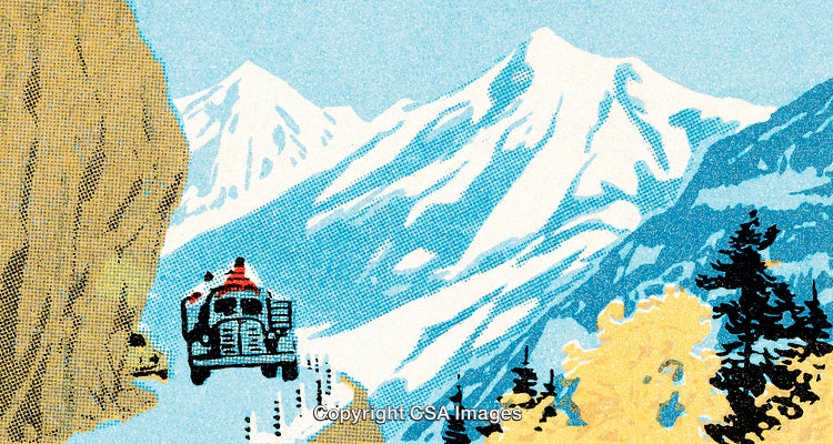 Vintage Artwork of Truck Driving Along Mountainous Terrain with Snowy Peaks