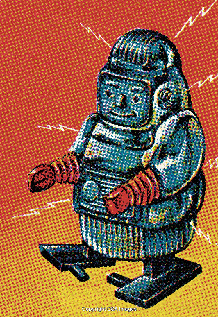 Retro Styled Toy Robot with Vibrant Colors and Electric Vibes