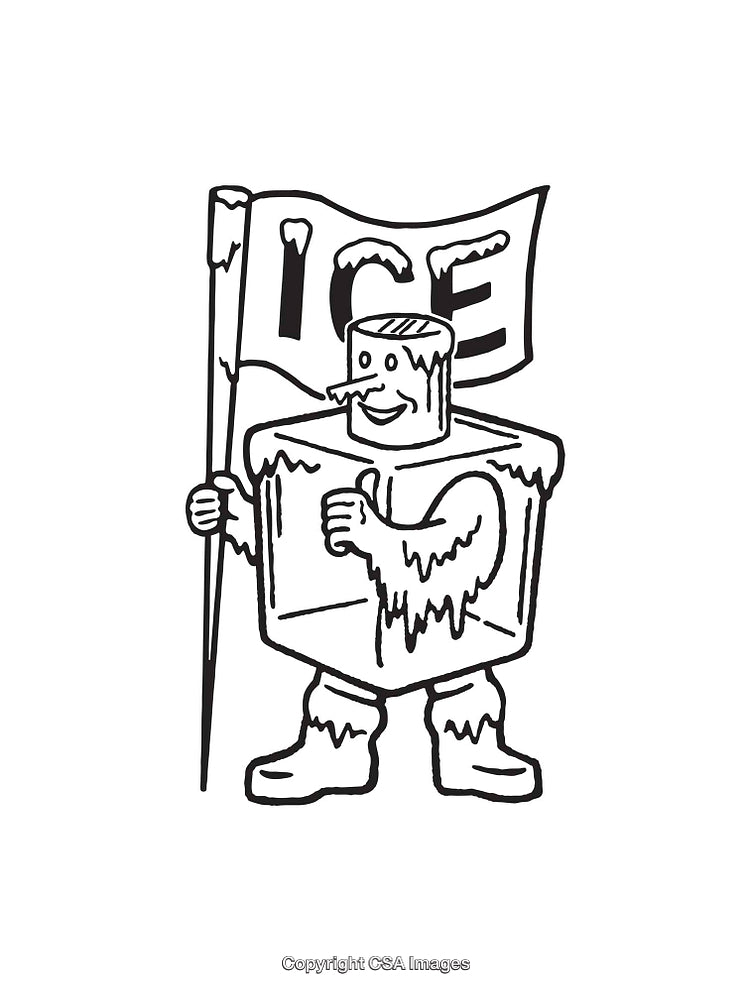 Black and White Line Art of Ice Cube Character Holding Flag