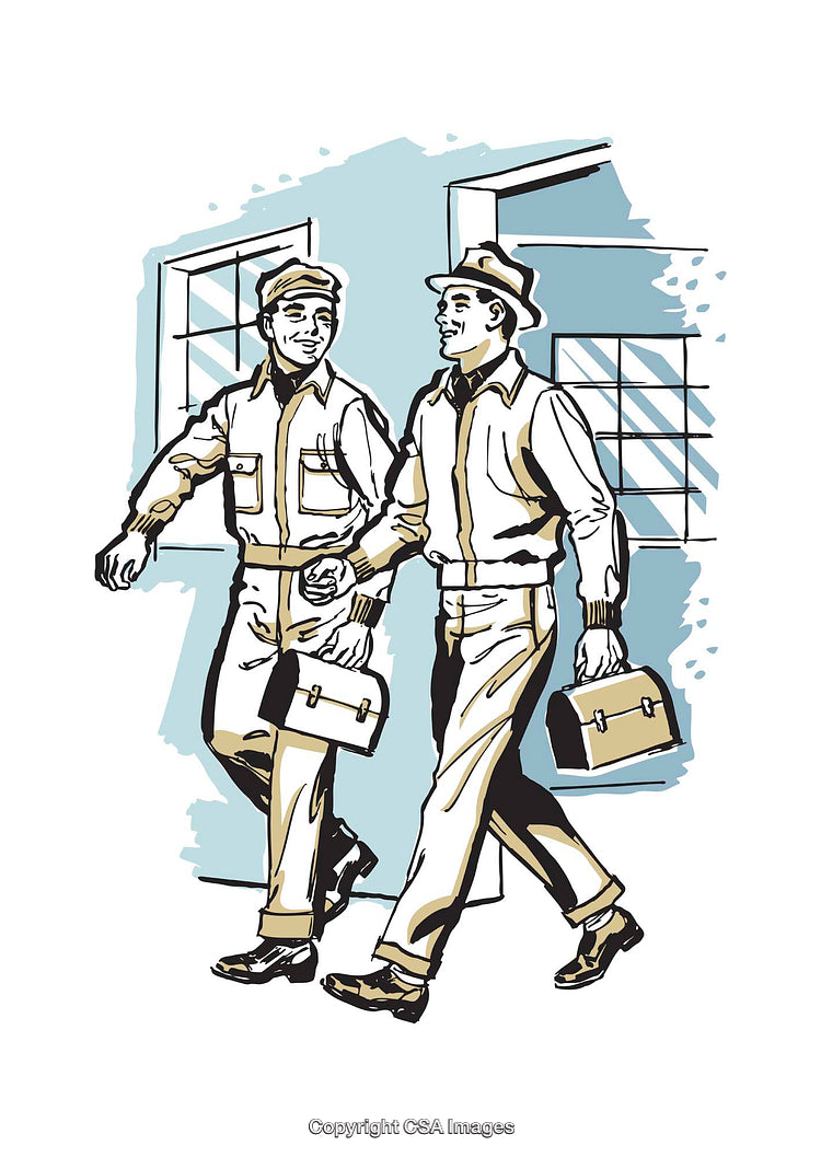 Two Workers Walking with Briefcases in a Vintage Color Illustration
