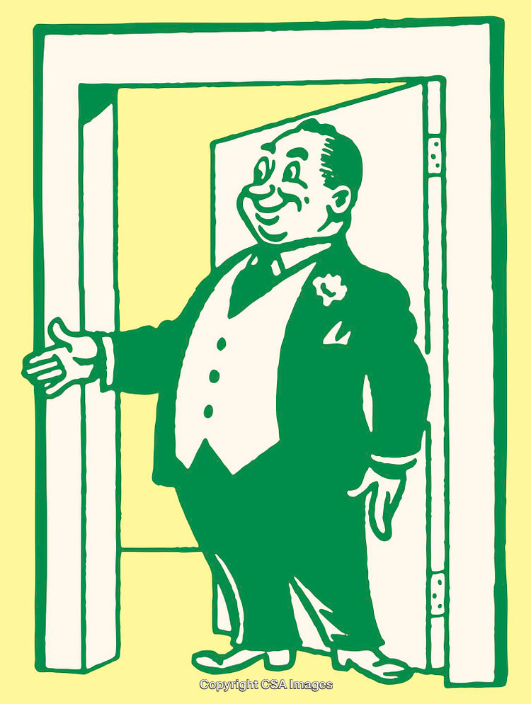 Cartoon Gentleman in Formal Wear Greeting at a Doorway