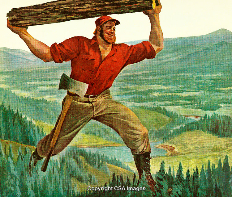 Iconic Lumberjack Carrying a Log in a Forest Landscape Illustration