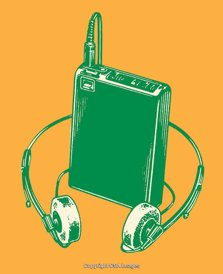 Retro Portable Music Player With Headphones on Bold Orange Background