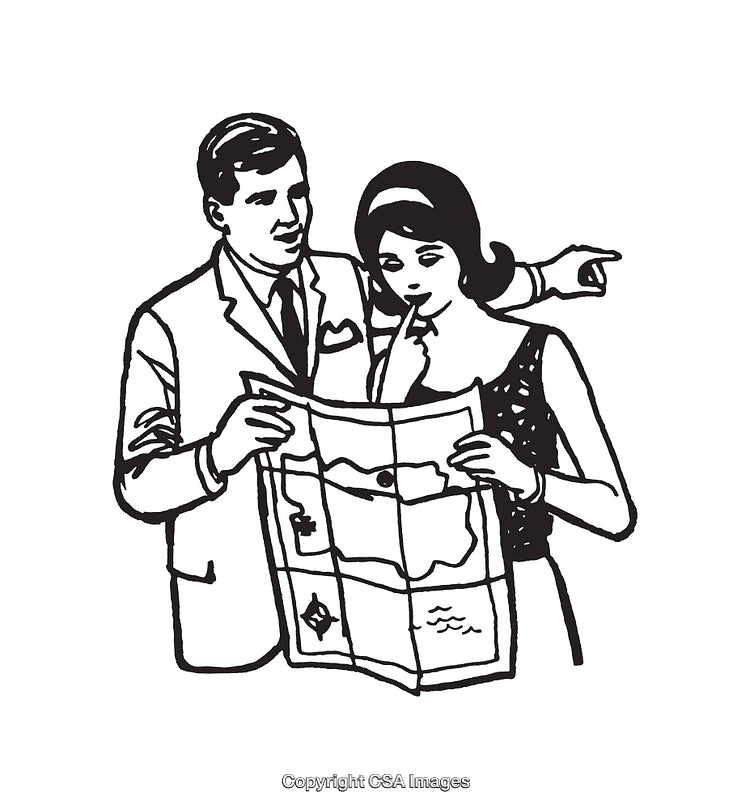 Retro Couple Planning a Journey With a Map in Line Art Style