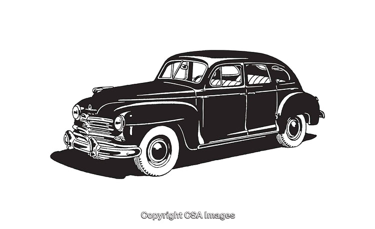 Retro Black and White Line Illustration of a Classic Vintage Car