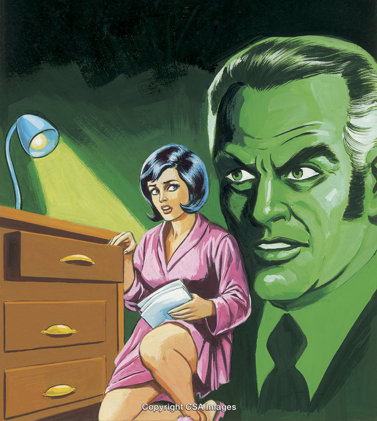 Vintage Illustration of a Woman Uncovering Secrets While a Watchful Presence Looms