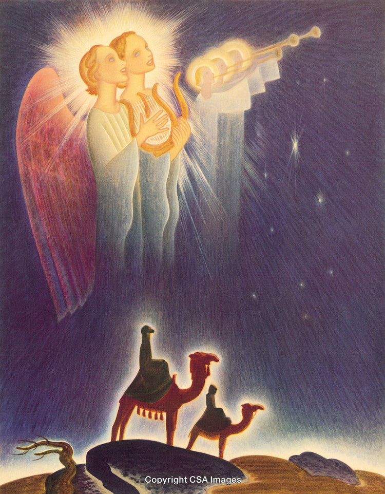 Heavenly Angels Guiding Travelers Under a Starry Night Sky with Camels