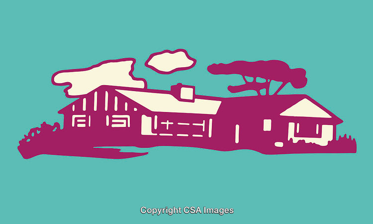 Colorful Line Art of a House With Yard and Trees