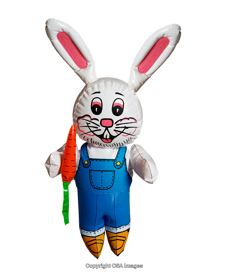 Inflatable Bunny Toy Holding Carrot in Blue Overalls on White Background