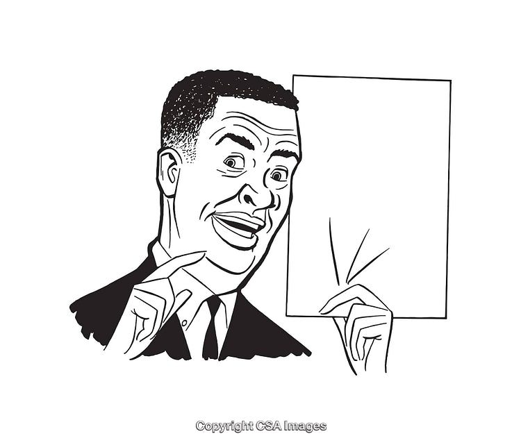 Retro Black and White Line Art of A Smiling Man Holding a Blank Poster