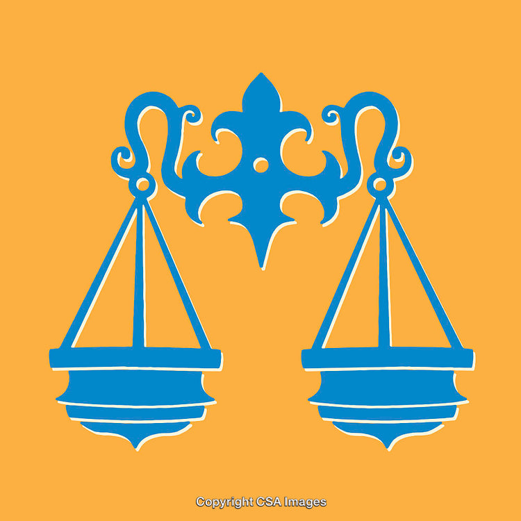 Blue Scales of Justice Illustration on a Vibrant Orange Background