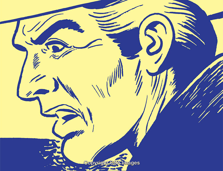 Vintage Illustration of a Serious Man in Bold Blue and Yellow Tones
