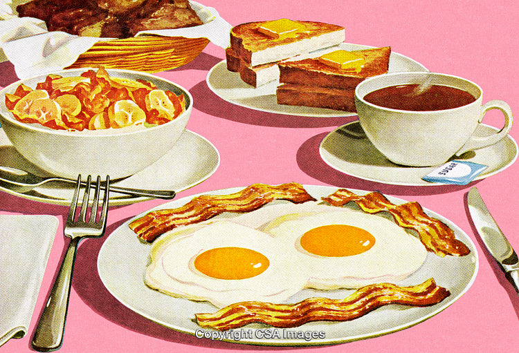 Classic Breakfast with Eggs, Bacon, Toast, Fruit Bowl, and Coffee
