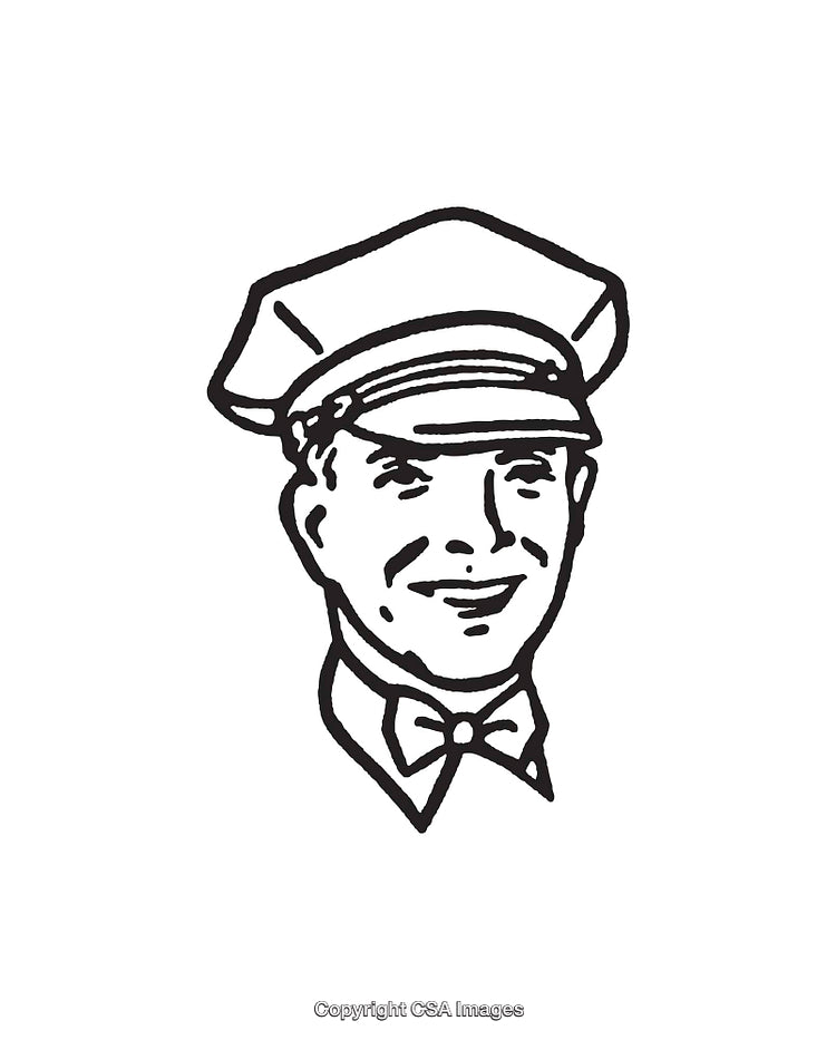 Vintage Line Art Illustration of a Smiling Uniformed Man Wearing a Cap and Bow Tie