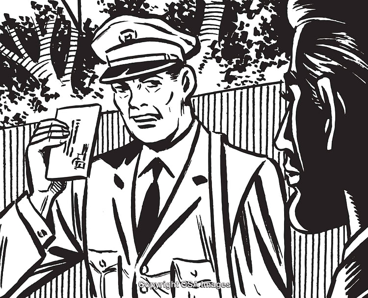 Vintage Illustration of Officials in Uniform Examining Documents Outdoors