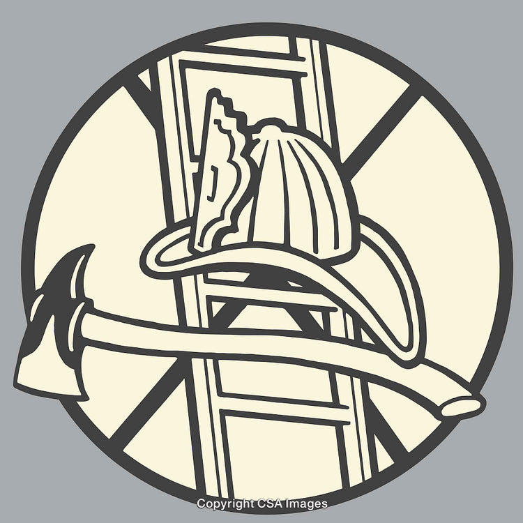 Colorful Line Art Illustration of Firefighter Equipment with Axe and Helmet