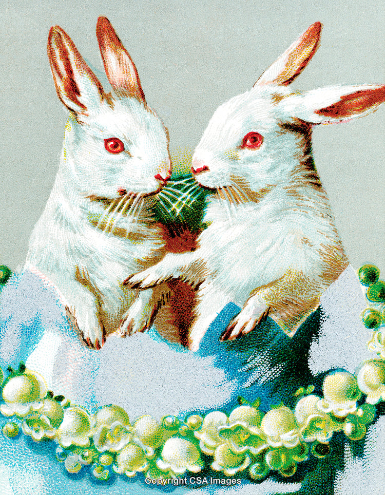 Vintage Illustration of Two White Rabbits in Decorative Florals