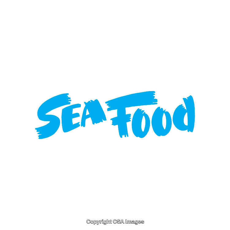 Blue Seafood Word Graphic in Brush Font Style on White Background