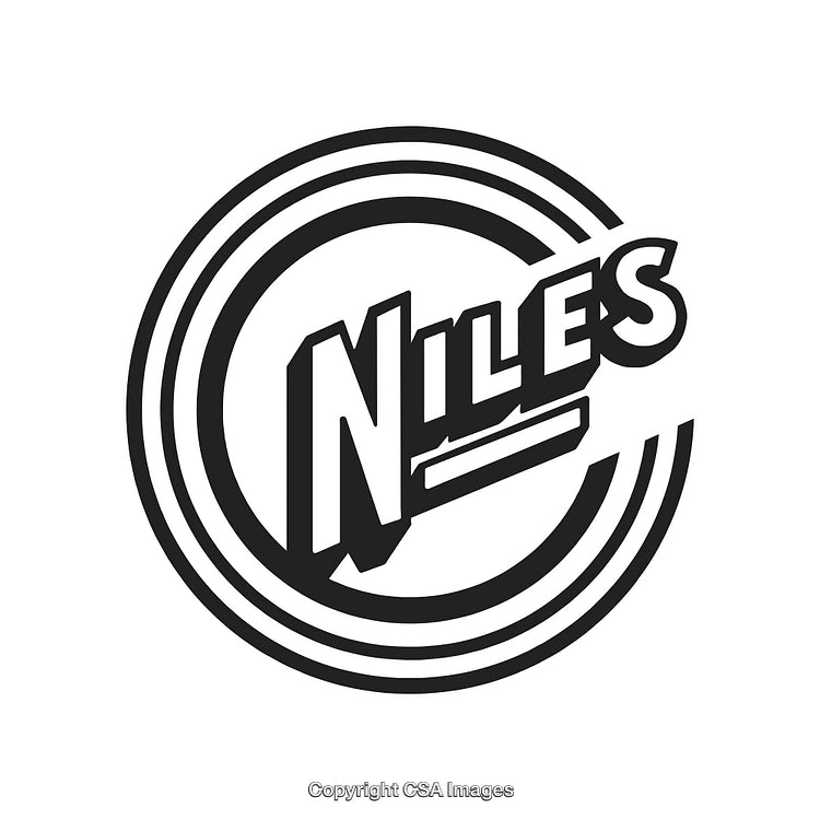 Monochrome Retro-Inspired Logo Design Featuring 'Niles' Text in a Circle Pattern