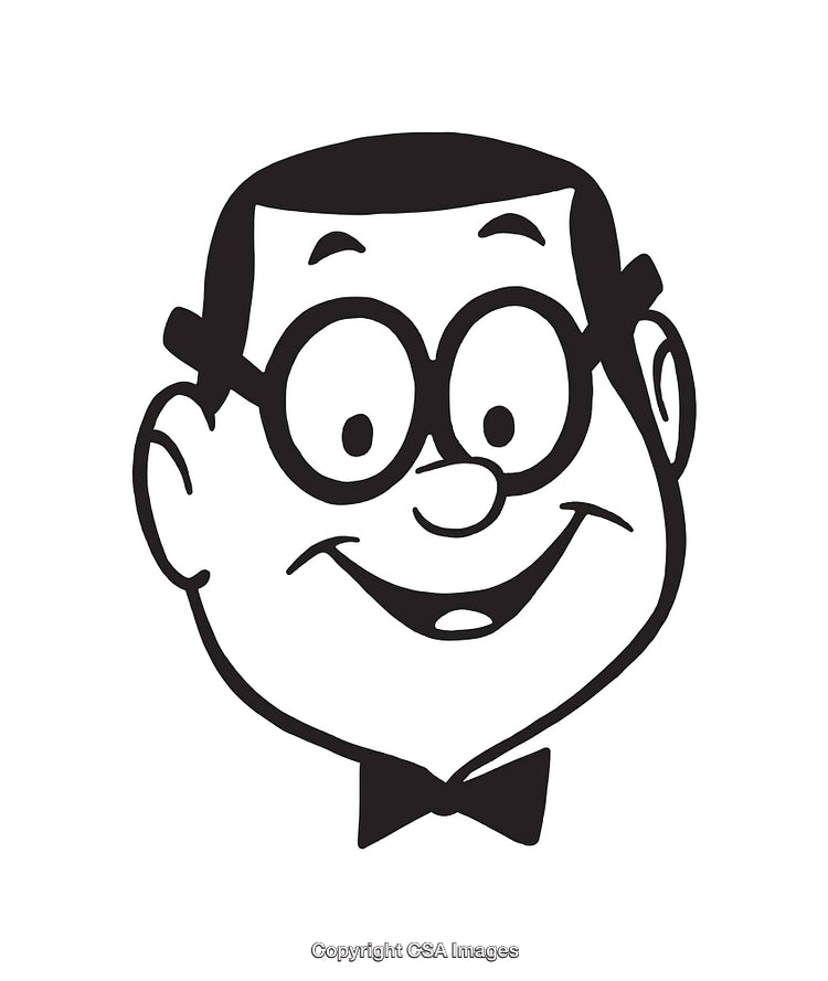 Black And White Line Art of Smiling Character With Glasses and Bow Tie