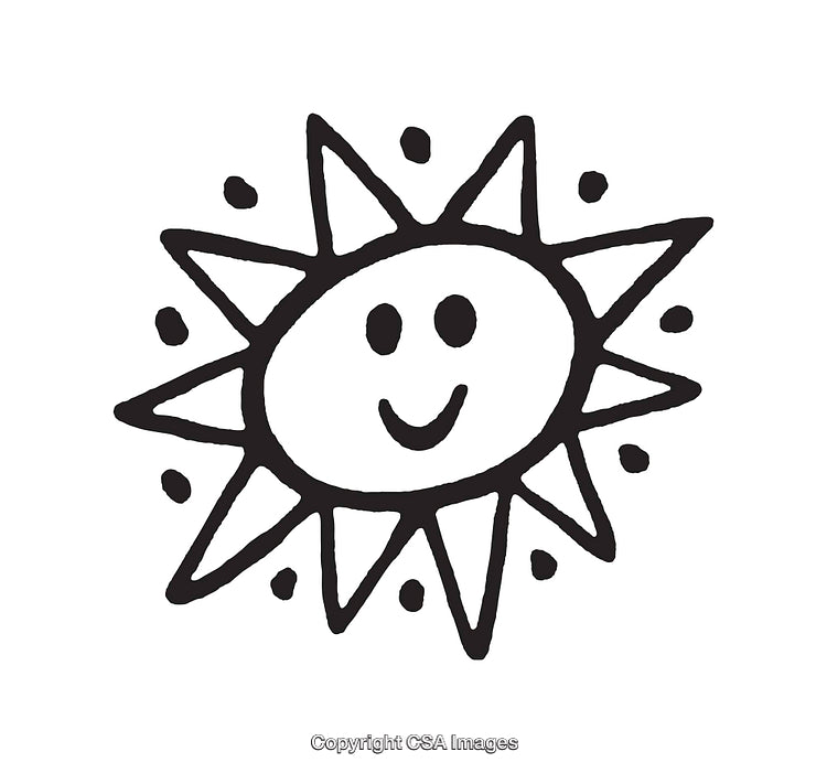 Hand-Drawn Cartoon Sun with Smiling Expression in Black and White