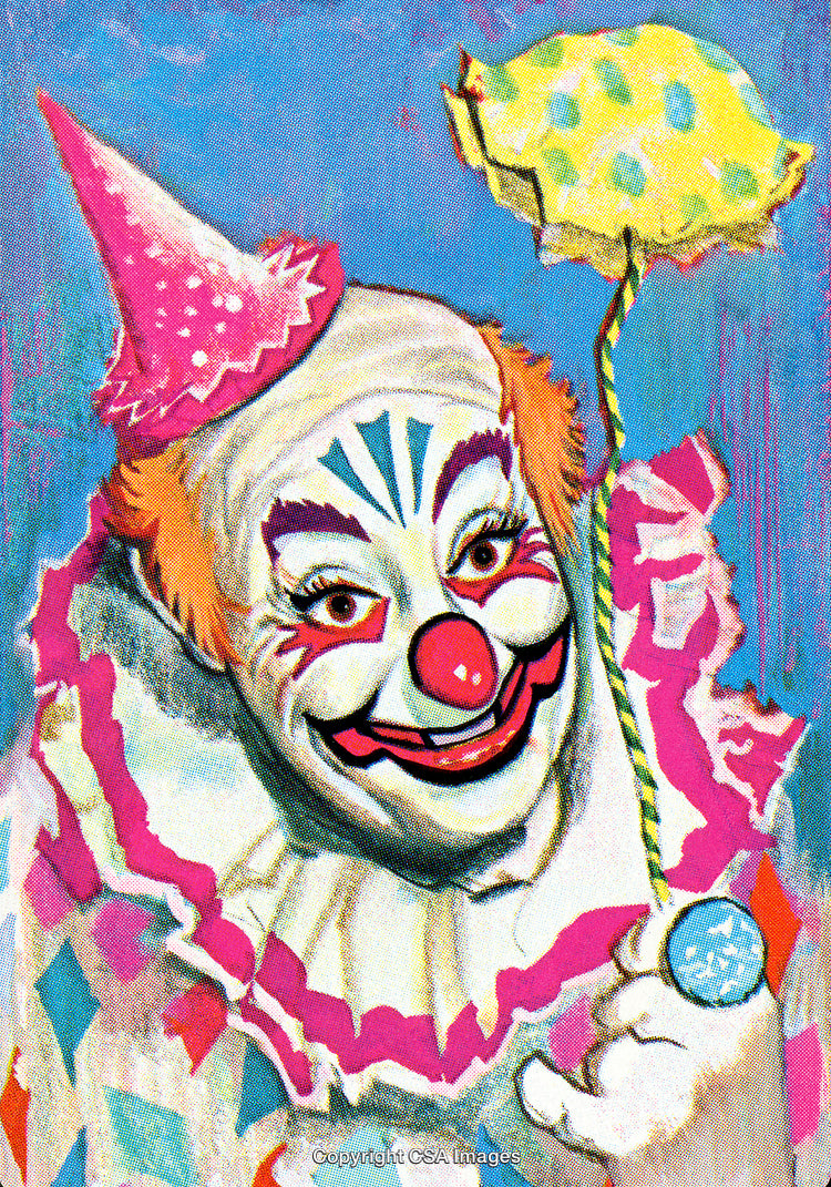 Colorful Vintage Illustration of a Grinning Clown with Festive Attire