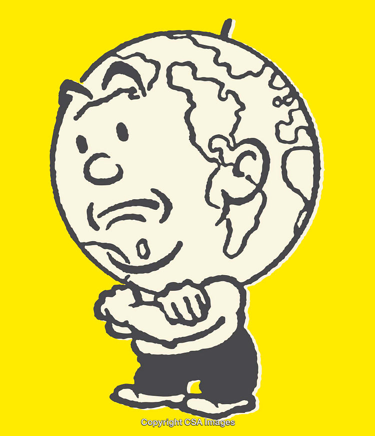 Whimsical Line Art Character with Globe Head Against Bold Yellow Background