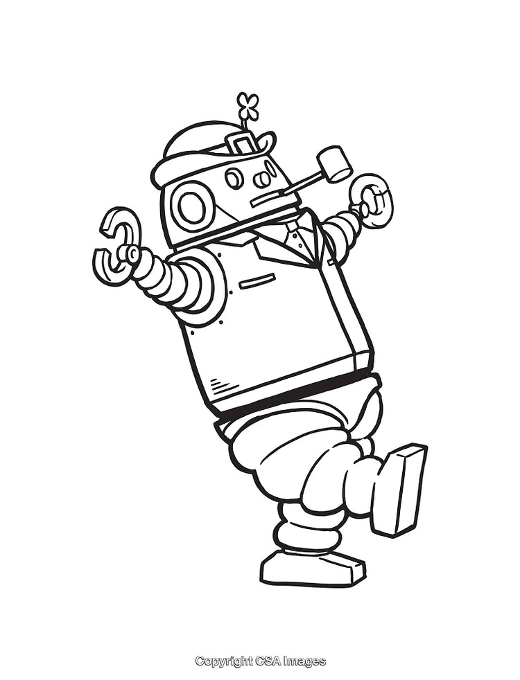 Line Art of a Playful Vintage Robot Engaged in a Jovial Pose
