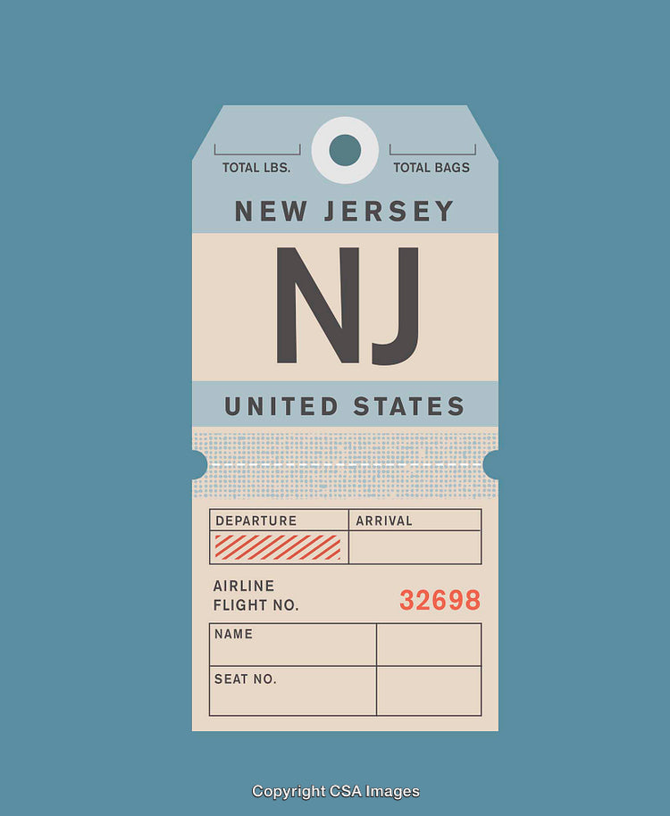 Vintage New Jersey Travel Tag Design with Retro Aesthetic on Blue Background