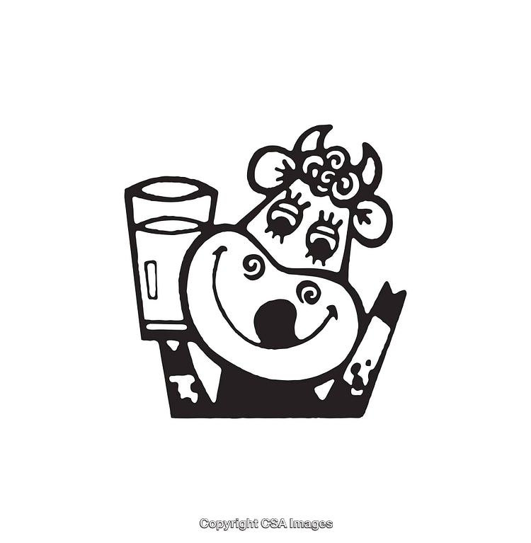 Smiling Cow Line Art Illustration with Milk Glass