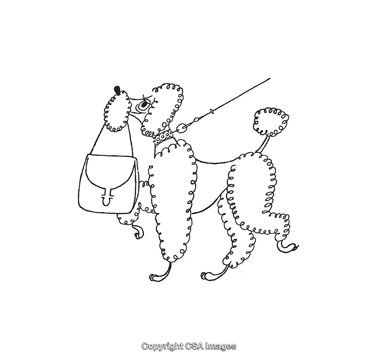 Stylized Line Art of Elegant Dog Carrying a Shoulder Bag on Leash