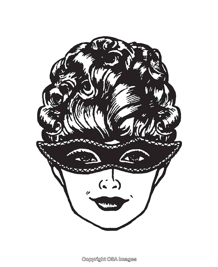 Vintage Line Art of a Masked Woman with Retro Hairstyle