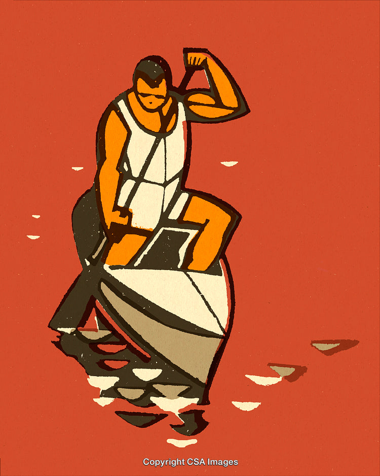 Stylized Illustration of a Man Canoeing on Reflective Water
