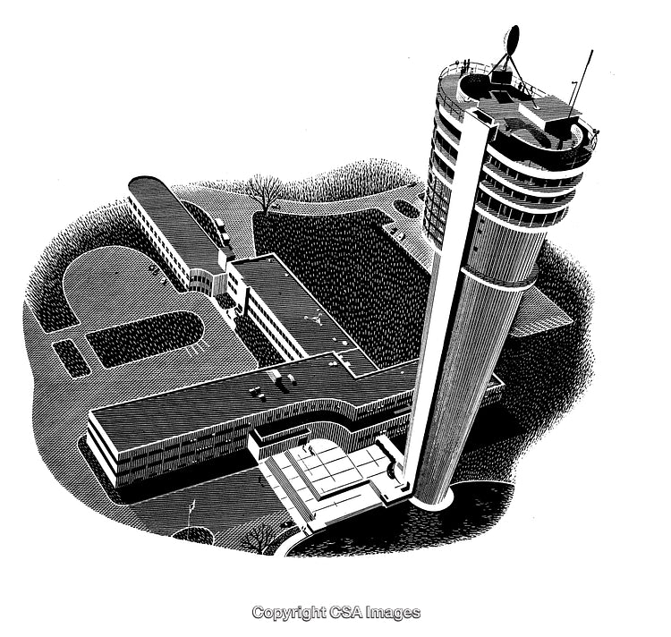 Detailed Black And White Engraving of Architecture and Tower