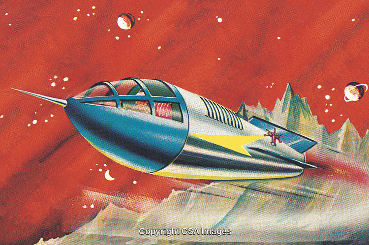 Vintage Illustration of a Retro Futuristic Spaceship Flying Through a Martian Landscape