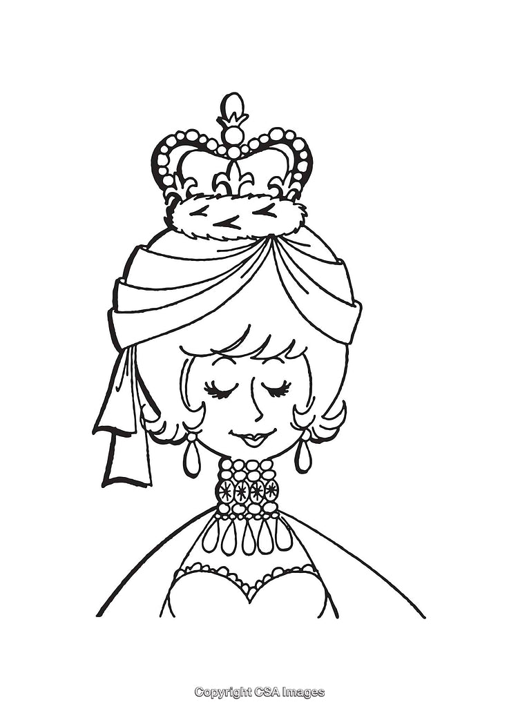 Black and White Illustration of a Crowned Figure in Elegant Attire