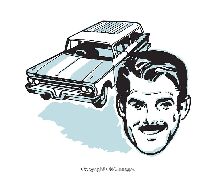 Retro Illustration of a Man's Expression and a Classic Car