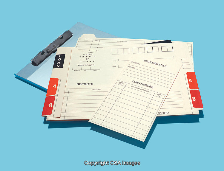 Organized Medical Files and Records Displayed on a Light Blue Background