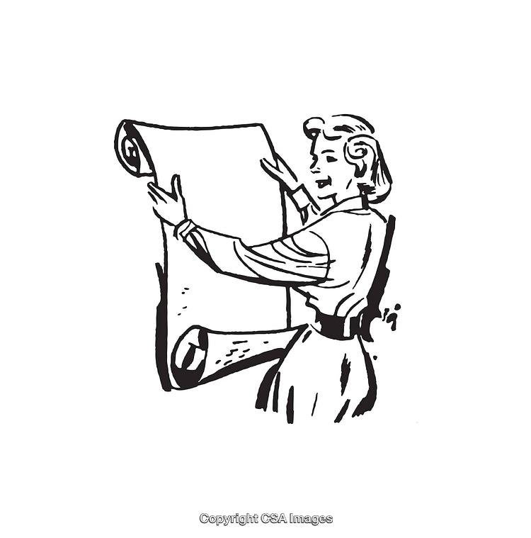 Vintage Illustration of Woman Unrolling Large Sheet for Viewing or Display