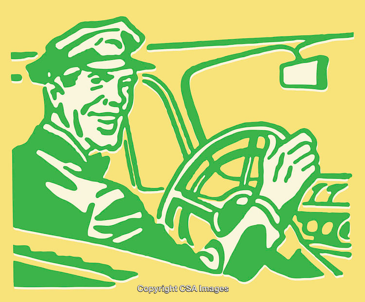 Vintage Line Art of a Smiling Driver in a Vehicle Environment
