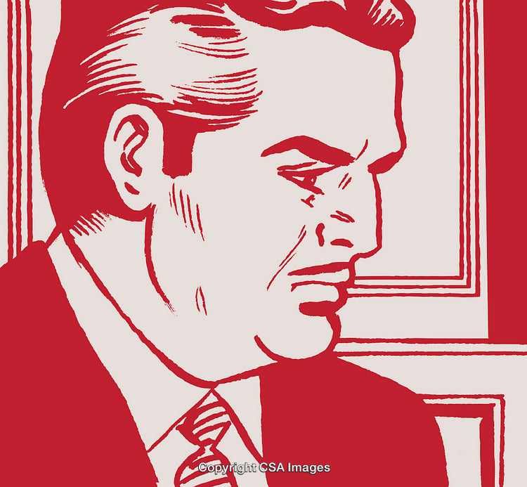 Stylized Red and White Artwork of a Thoughtful Individual