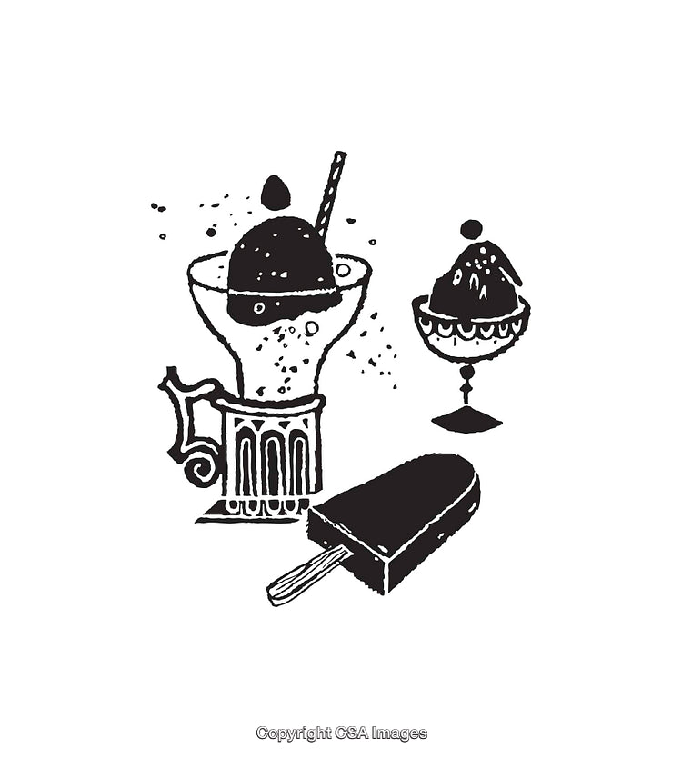Black and White Illustration of Ice Cream Desserts and a Popsicle