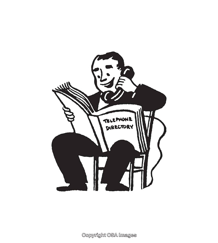 Retro Illustration of a Man Holding a Phone and Reading a Directory