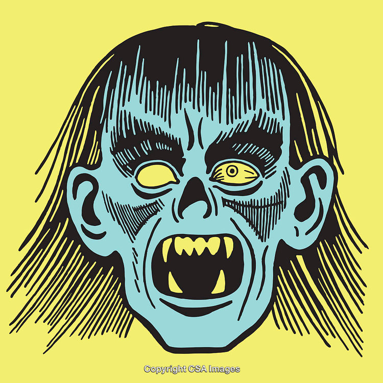 Colorful Illustration of a Scary Blue Vampire Face With Fangs