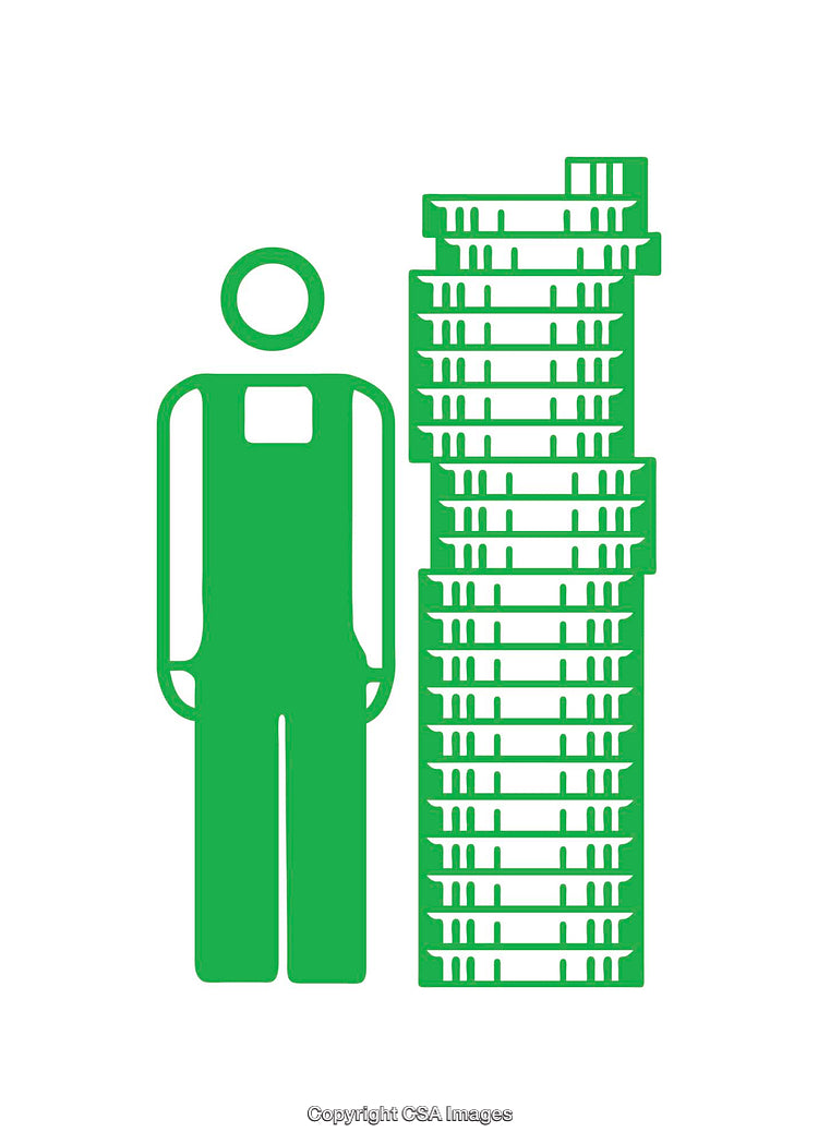 Green Icon Depicting Worker and Towering Stack of Coins