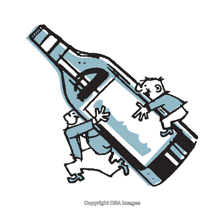 Colorful Cartoon Illustration of People Carrying a Large Wine Bottle