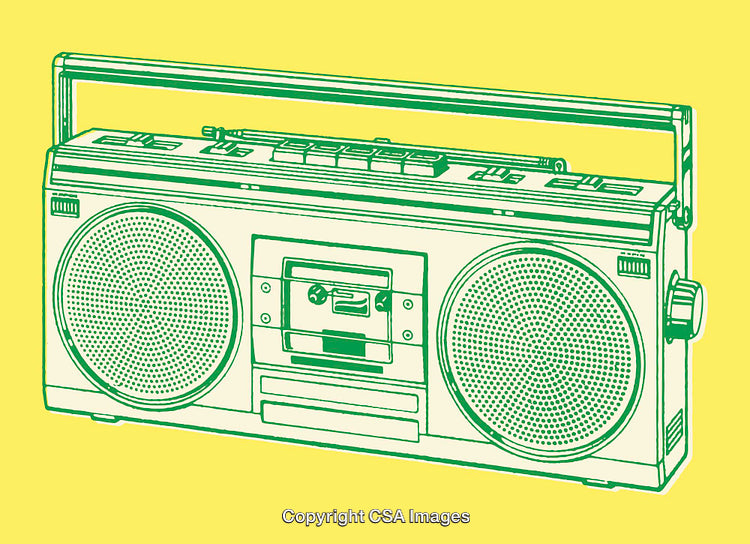 Retro Boombox Line Art Design with Vibrant Yellow Background